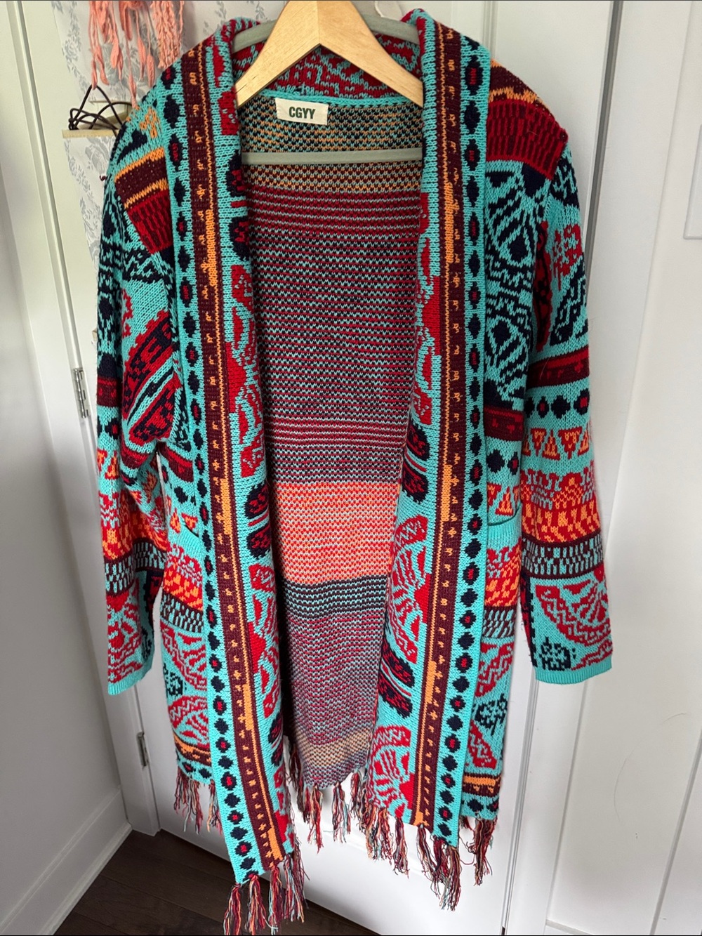 Beautiful Multicolor Open-Front Knit Cardigan Sweater - Turquoise & Red